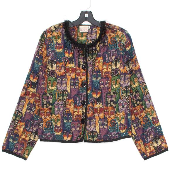 Jacket Vintage Allover Cat Lady Tapestry Cottage Witchy Granny Retro Folk Medium - Picture 1 of 5